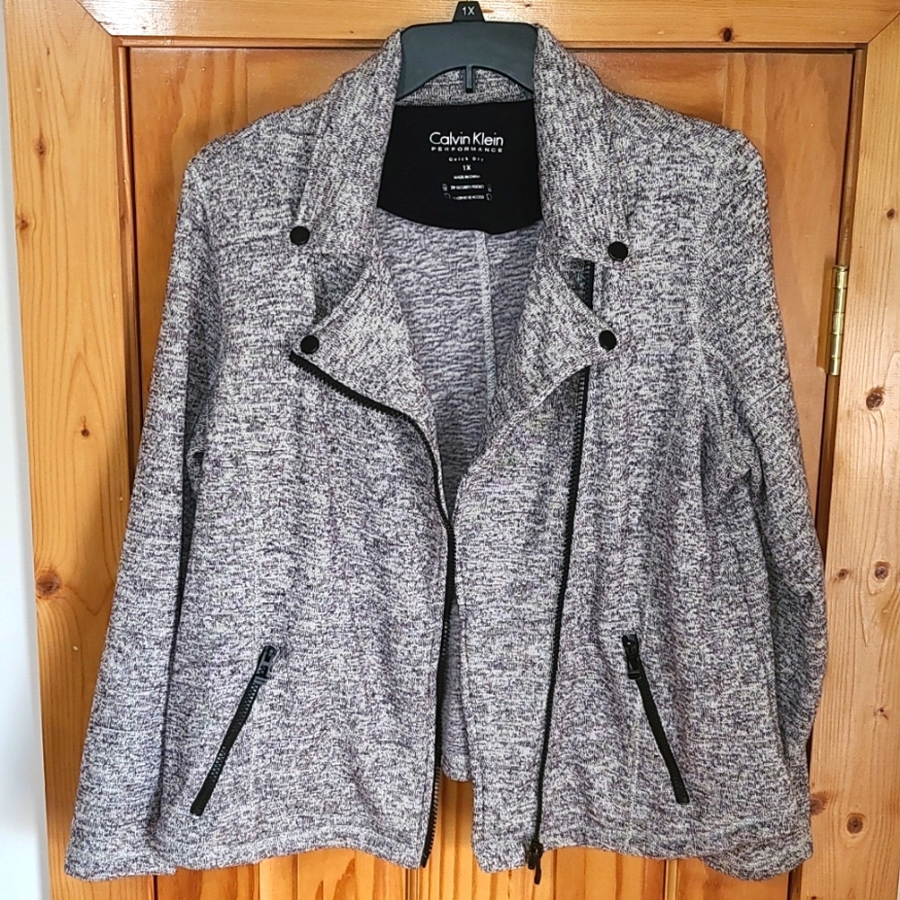 Calvin Klein Performance Fleece Moto Jacket in Black & White Heathered Fabric 1X